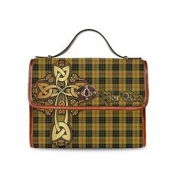 ScotsTee Shop Scottish MacLeod Clan Tartan Canvas Bag Golden Thistle and Celtic Cross Personalize Your Name Bag
