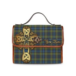 ScotsTee Shop Scottish MacLellan Ancient Clan Tartan Canvas Bag Golden Thistle and Celtic Cross Personalize Your Name Bag