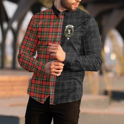 ScotsTee Shop Scottish Stewart Royal Modern Clan Crest Half Tartan Long Sleeve Shirt