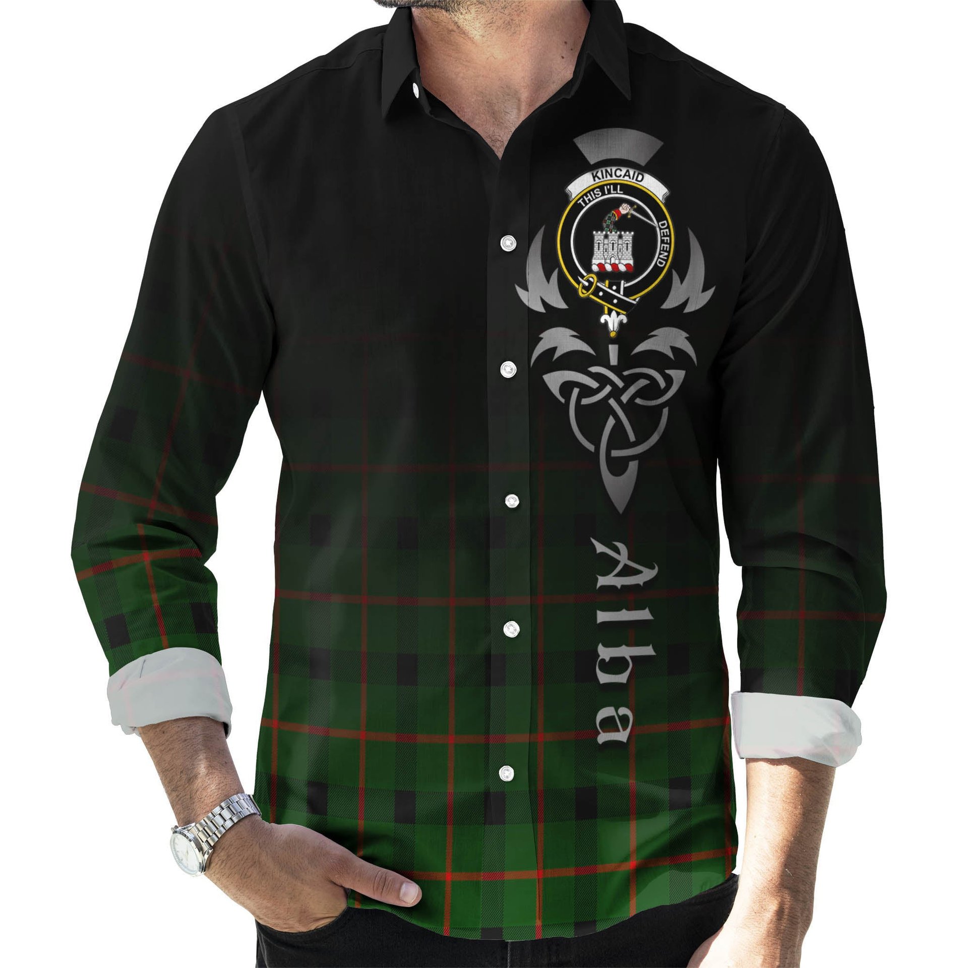 ScotsTee Shop Scottish Kincaid Modern Clan Crest Tartan Alba Gu Brath Celtic Inspired Tartan Long Sleeve Shirt