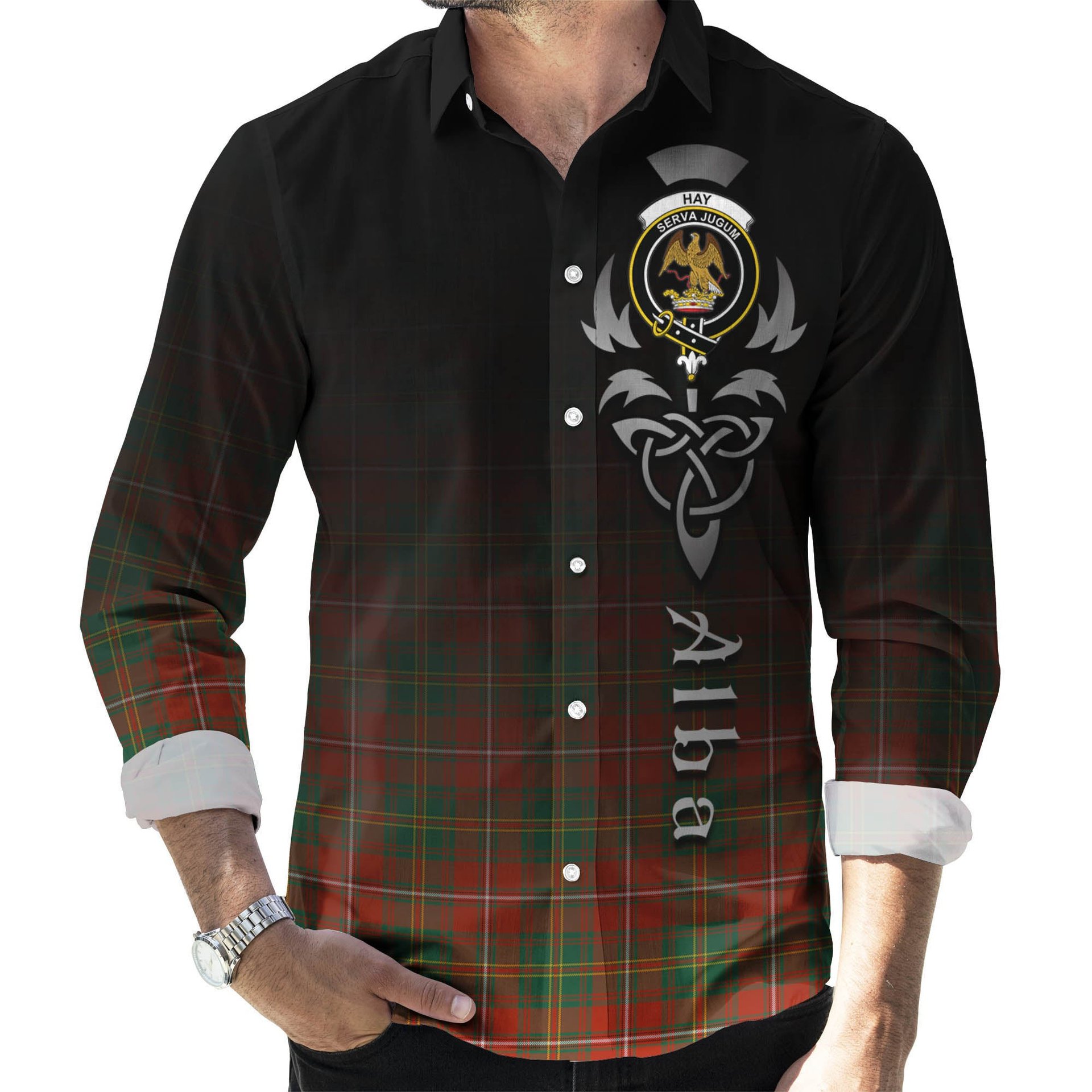 ScotsTee Shop Scottish Hay Ancient Clan Crest Tartan Alba Gu Brath Celtic Inspired Tartan Long Sleeve Shirt