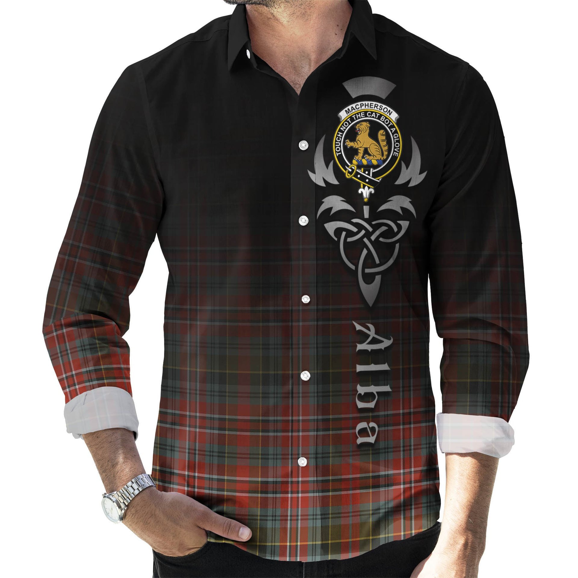 ScotsTee Shop Scottish MacPherson Weathered Clan Crest Tartan Alba Gu Brath Celtic Inspired Tartan Long Sleeve Shirt