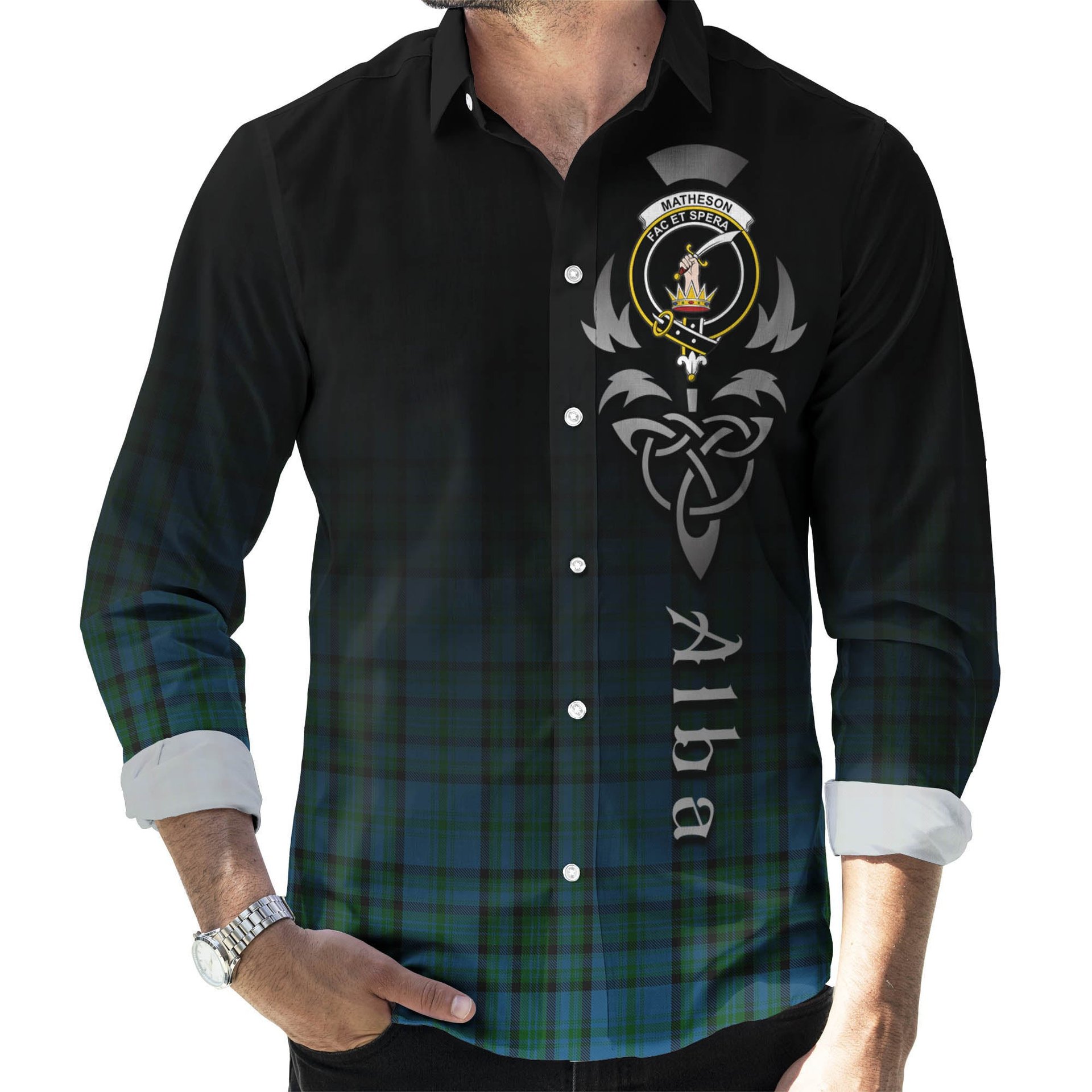 ScotsTee Shop Scottish Matheson Hunting Clan Crest Tartan Alba Gu Brath Celtic Inspired Tartan Long Sleeve Shirt