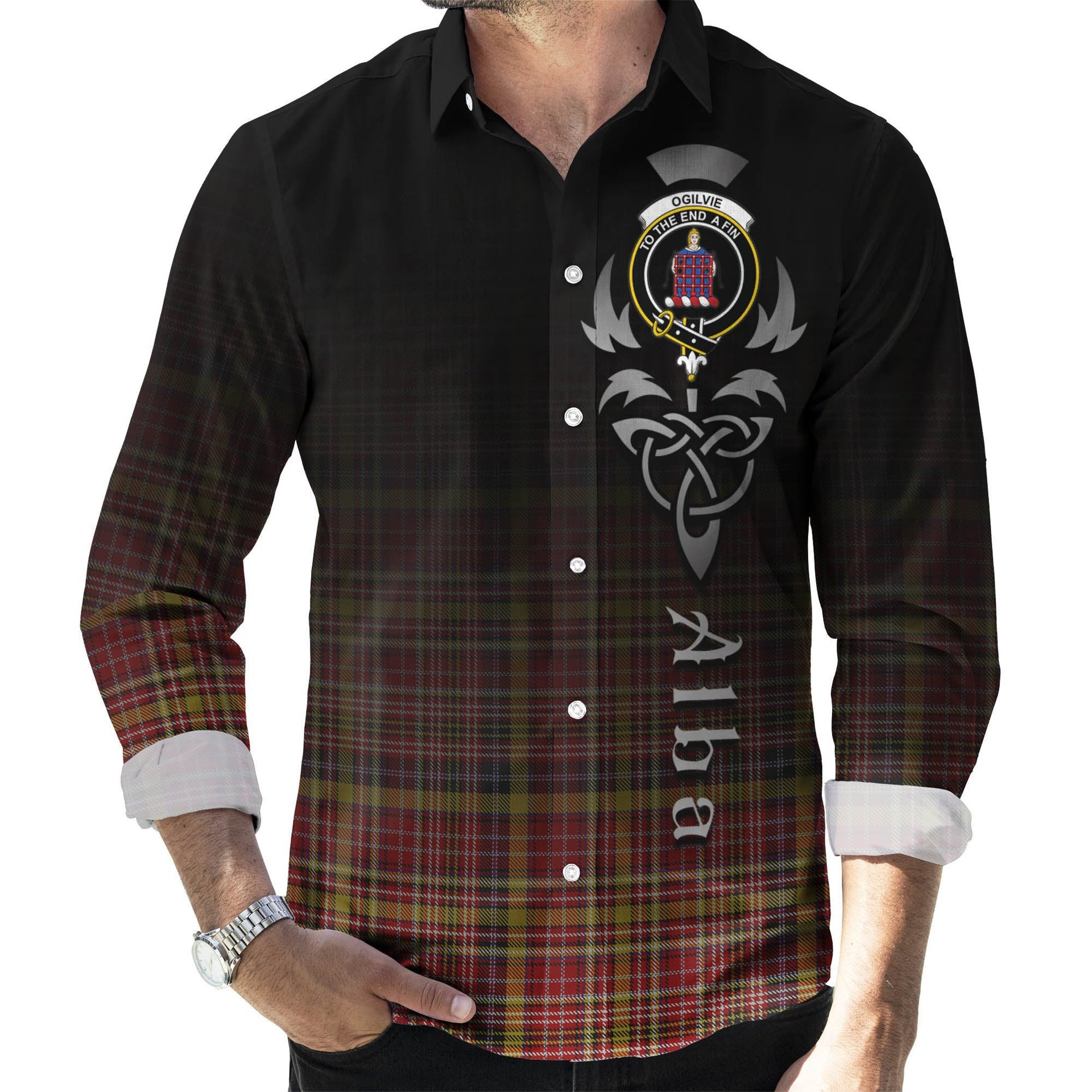 ScotsTee Shop Scottish Ogilvie (Ogilvy) of Strathallan Clan Crest Tartan Alba Gu Brath Celtic Inspired Tartan Long Sleeve Shirt