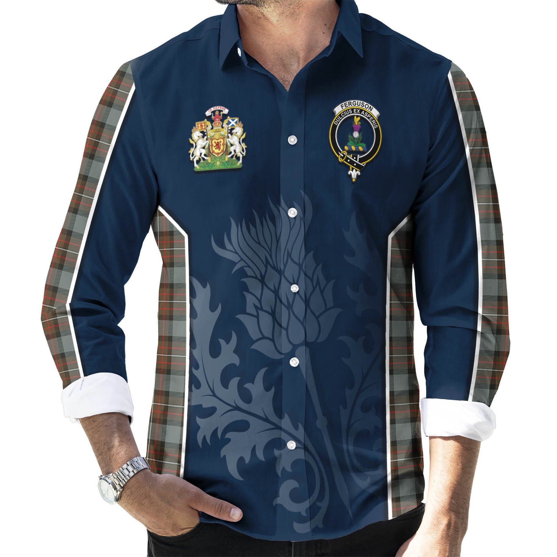 ScotsTee Shop Scottish Ferguson Weathered Clan Scottish Crest and Scottish Thistle Sport Tartan Long Sleeve Shirt
