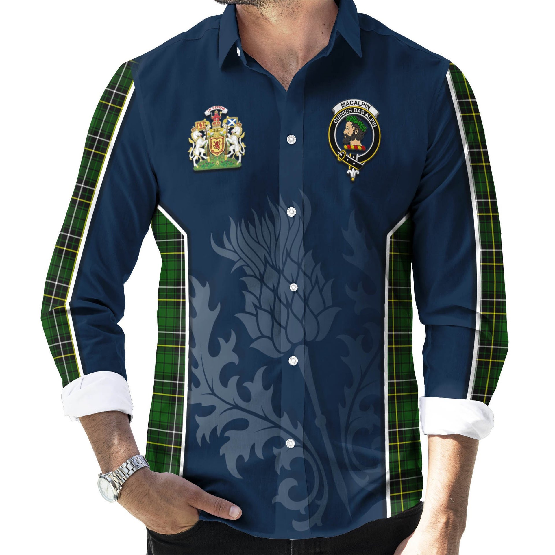 ScotsTee Shop Scottish MacAlpin Modern Clan Scottish Crest and Scottish Thistle Sport Tartan Long Sleeve Shirt