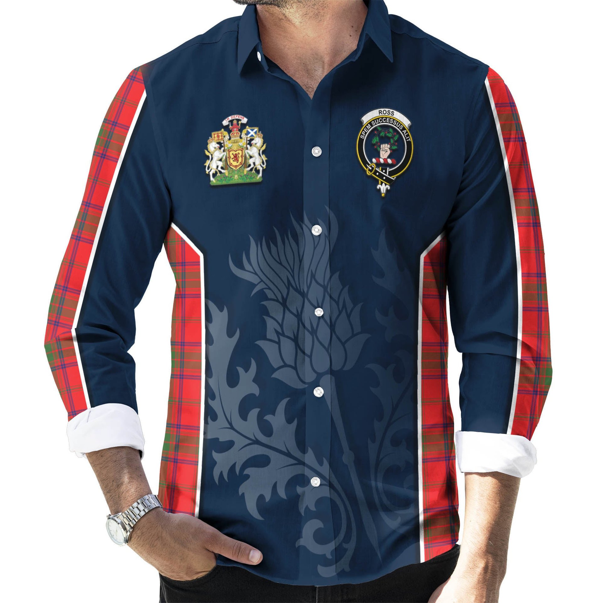 ScotsTee Shop Scottish Ross Modern Clan Scottish Crest and Scottish Thistle Sport Tartan Long Sleeve Shirt