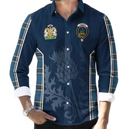 ScotsTee Shop Scottish Thomson Dress Blue Clan Scottish Crest and Scottish Thistle Sport Tartan Long Sleeve Shirt