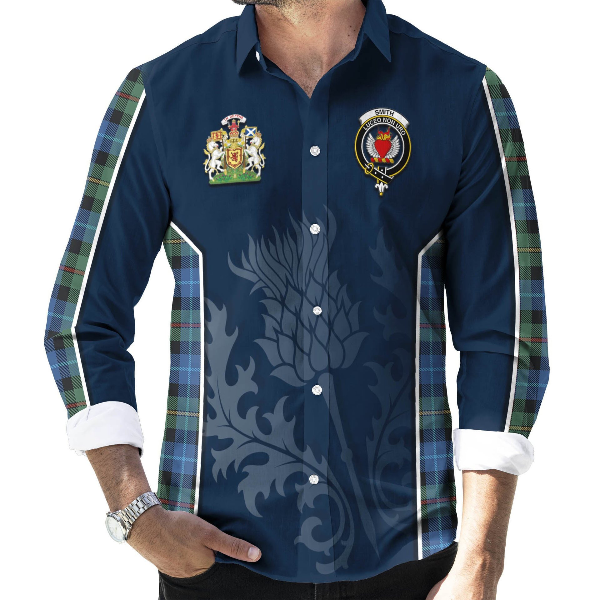 ScotsTee Shop Scottish Smith Ancient Clan Scottish Crest and Scottish Thistle Sport Tartan Long Sleeve Shirt