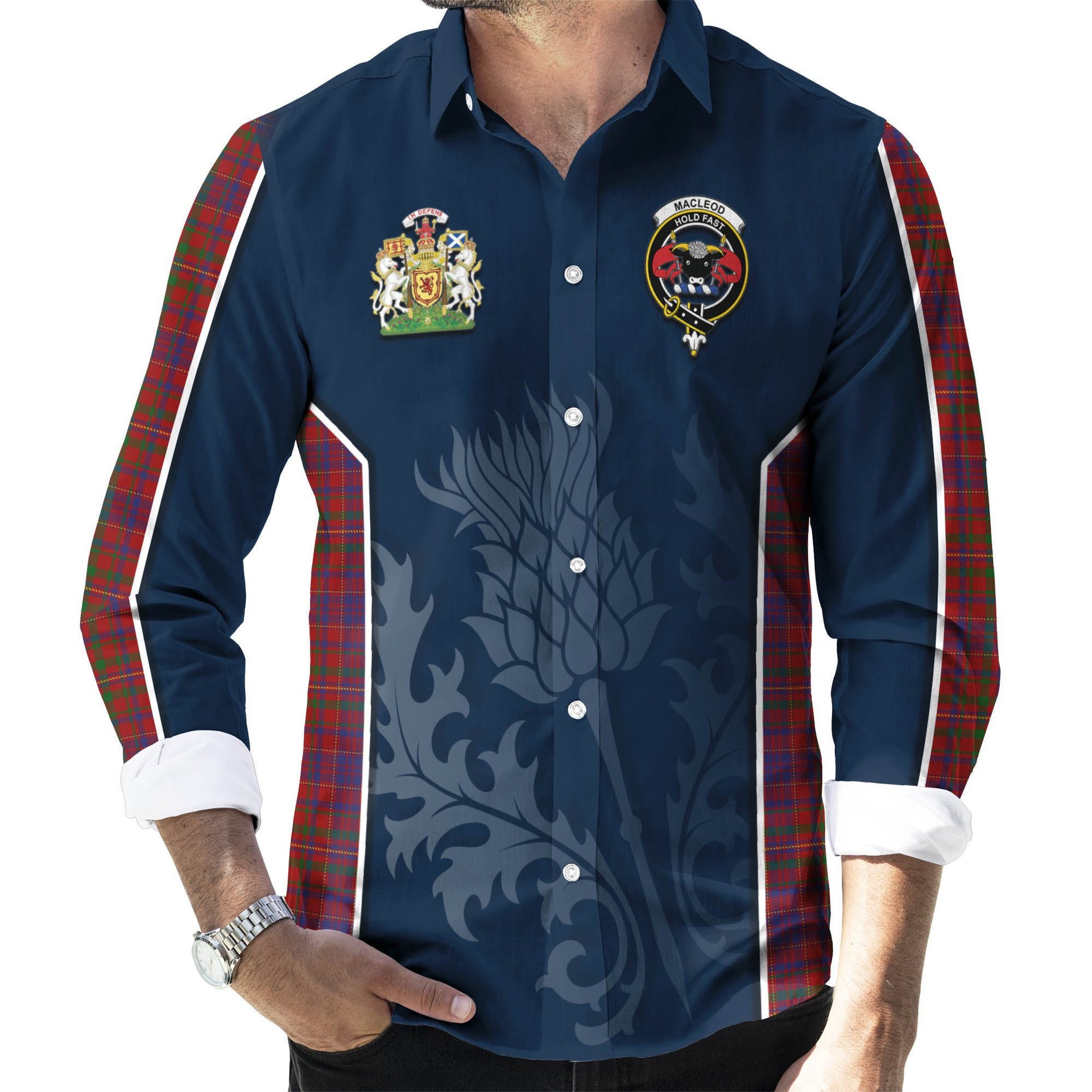 ScotsTee Shop Scottish MacLeod Red Clan Scottish Crest and Scottish Thistle Sport Tartan Long Sleeve Shirt