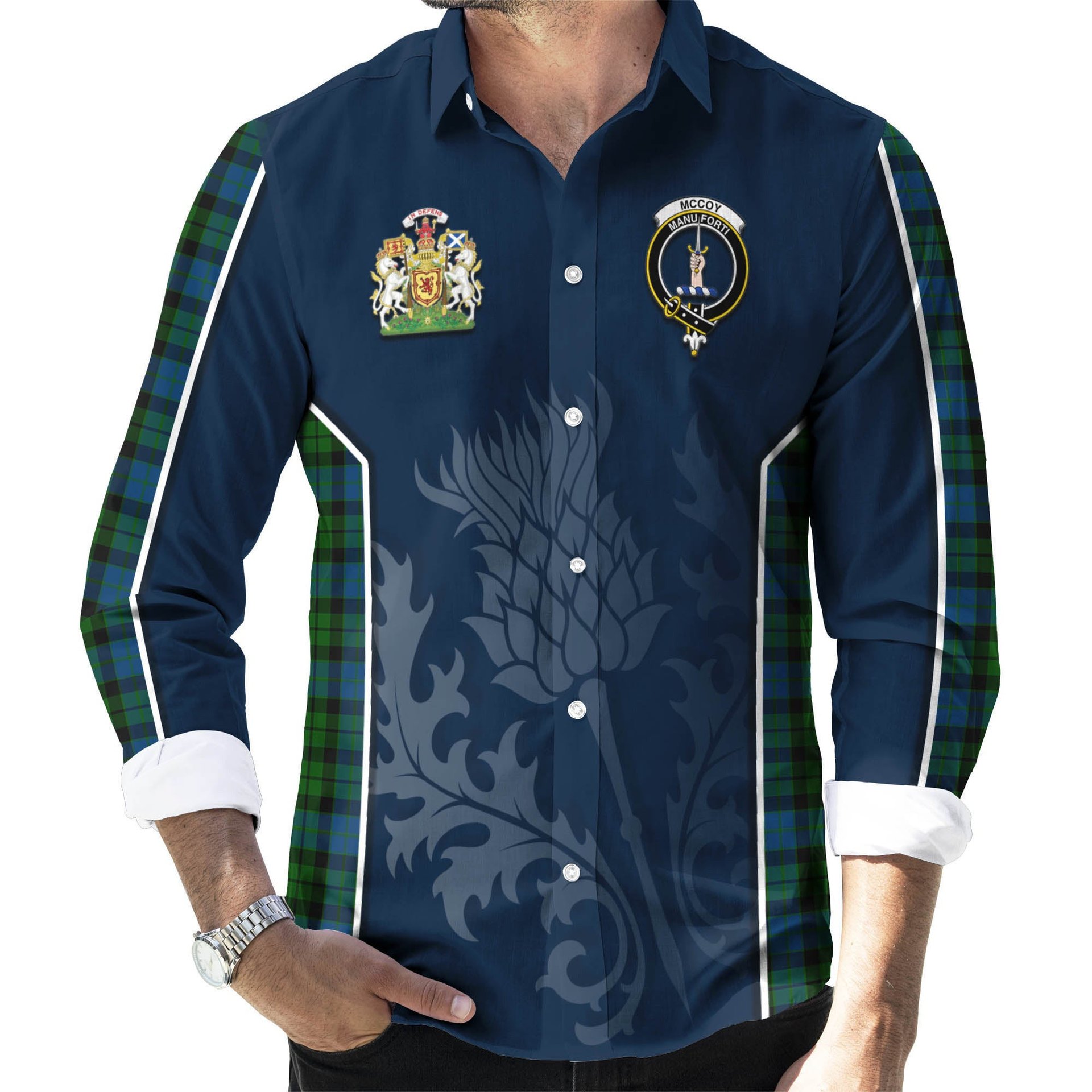ScotsTee Shop Scottish McCoy Clan Scottish Crest and Scottish Thistle Sport Tartan Long Sleeve Shirt