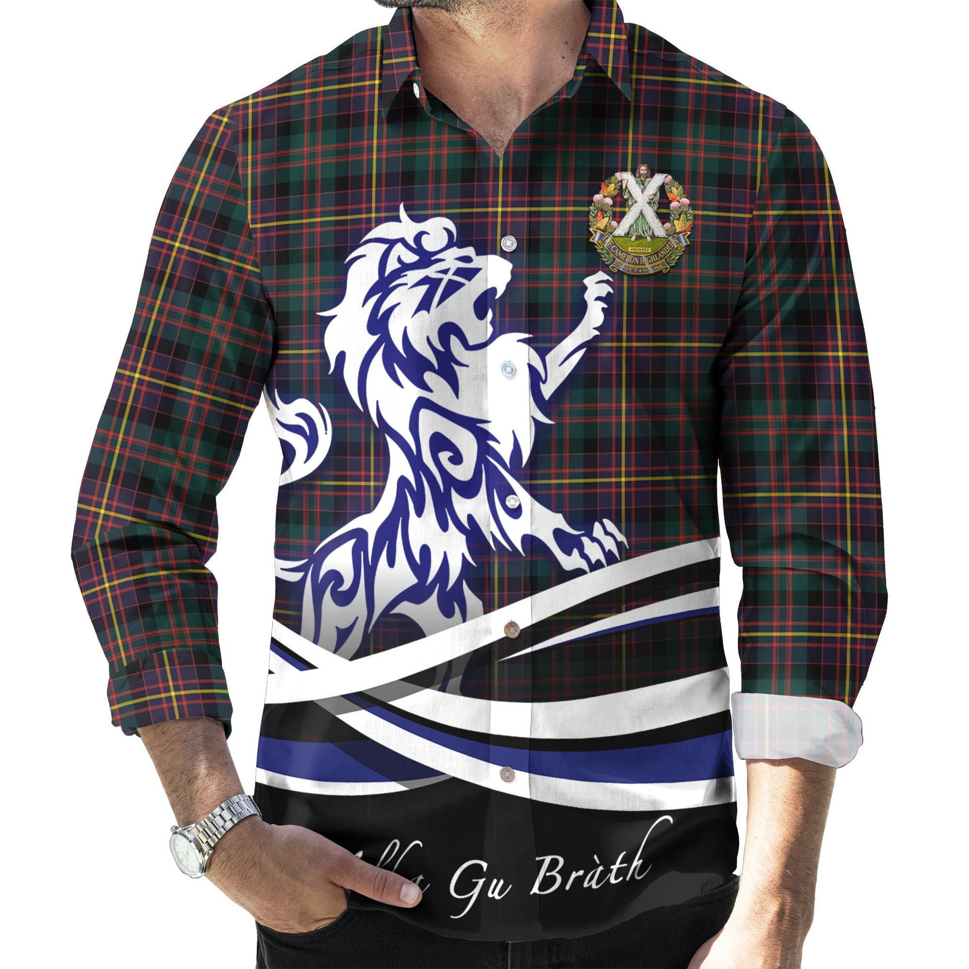 ScotsTee Shop Scottish Cameron Highlanders of Ottawa Clan Crest Tartan Alba Gu Brath Regal Lion Emblem Long Sleeve Shirt