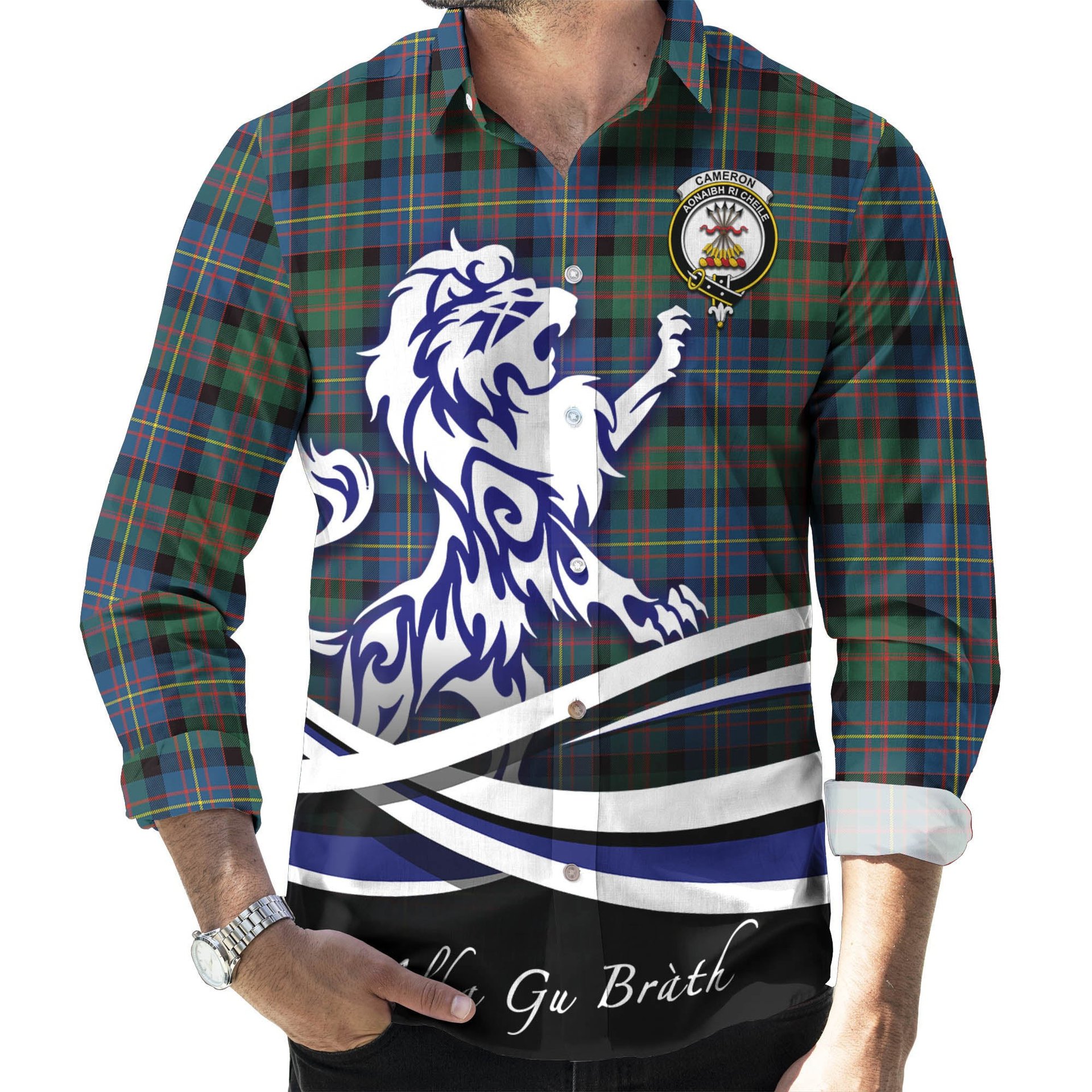 ScotsTee Shop Scottish Cameron of Erracht Ancient Clan Crest Tartan Alba Gu Brath Regal Lion Emblem Long Sleeve Shirt