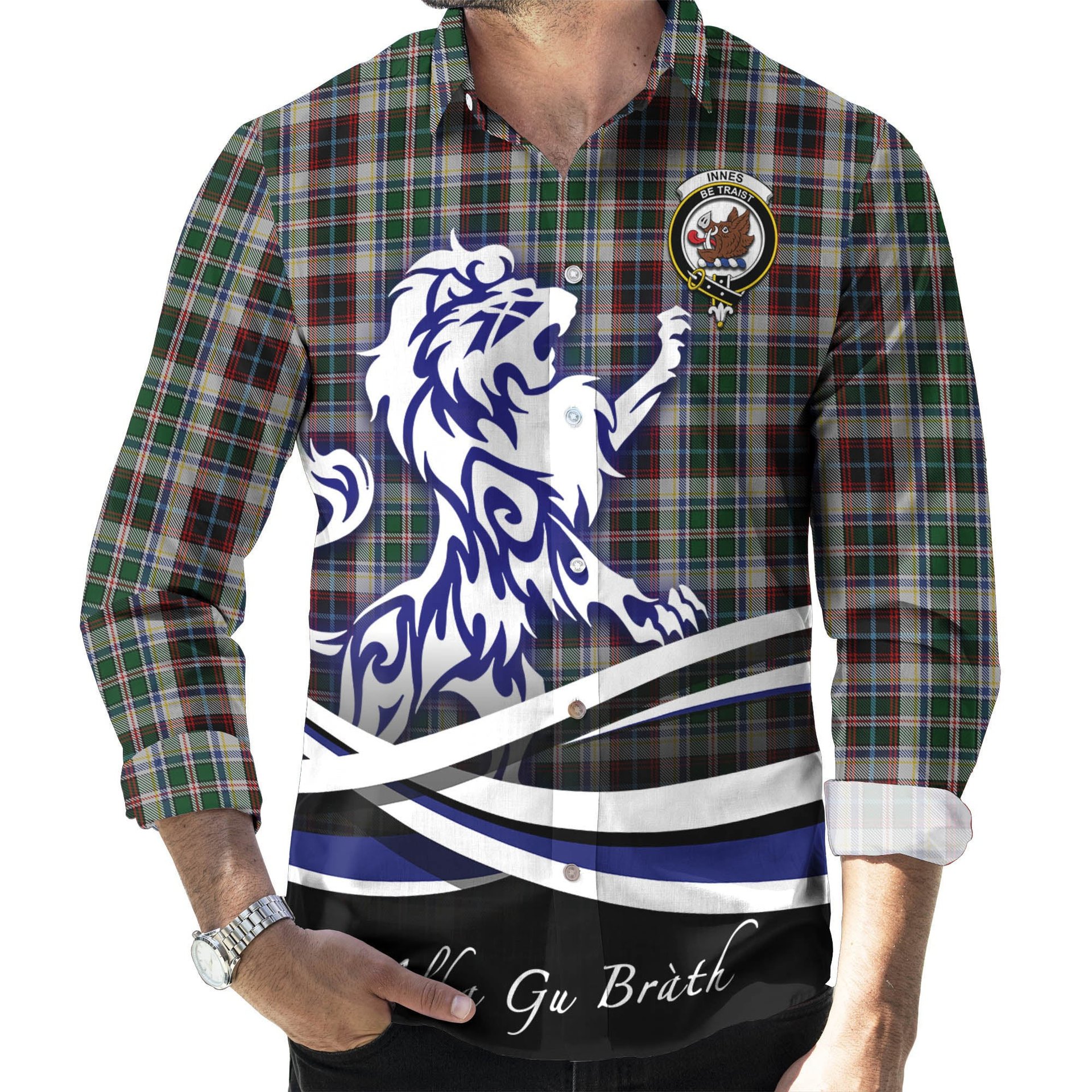 ScotsTee Shop Scottish Innes Dress Clan Crest Tartan Alba Gu Brath Regal Lion Emblem Long Sleeve Shirt