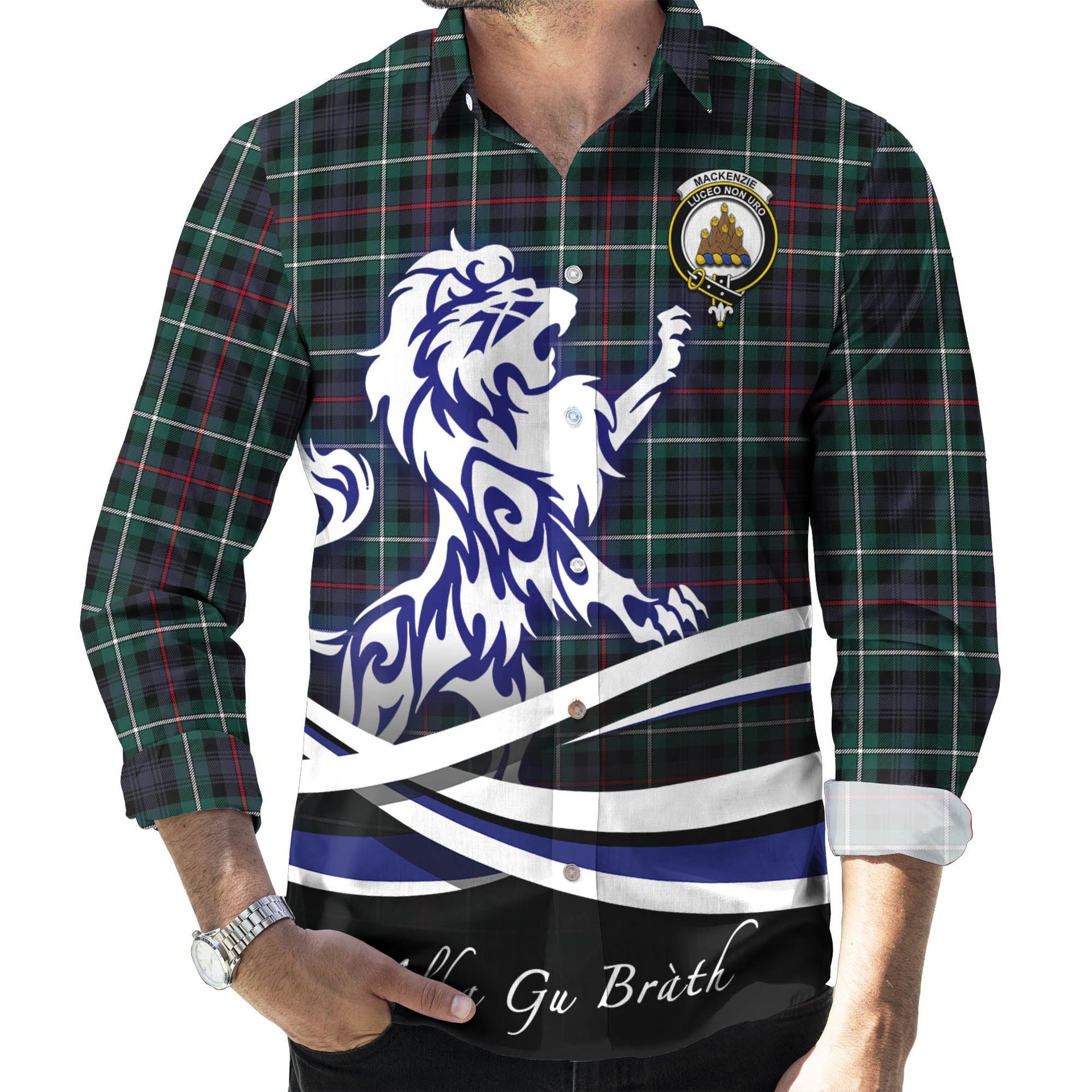 ScotsTee Shop Scottish MacKenzie Modern Clan Crest Tartan Alba Gu Brath Regal Lion Emblem Long Sleeve Shirt