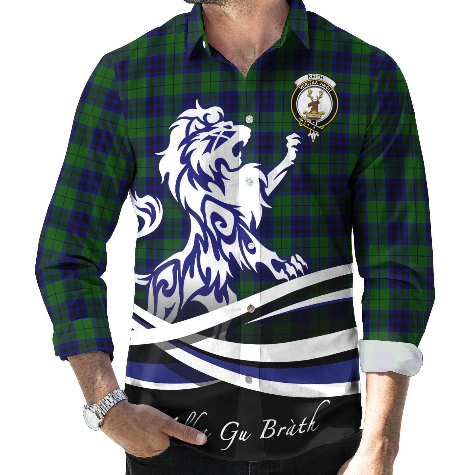 ScotsTee Shop Scottish Keith Modern Clan Crest Tartan Alba Gu Brath Regal Lion Emblem Long Sleeve Shirt