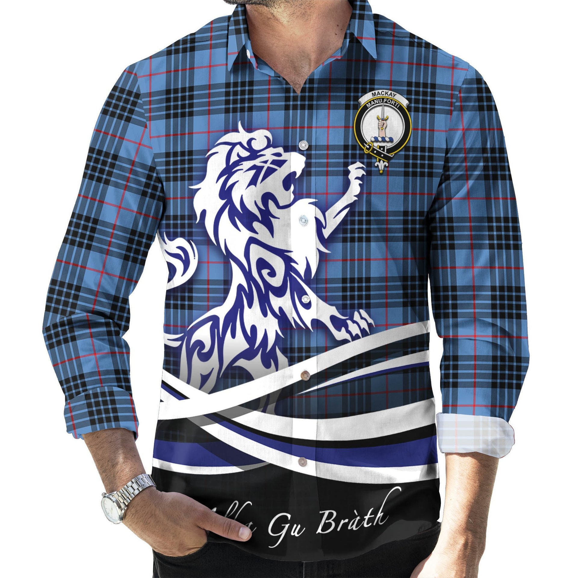ScotsTee Shop Scottish MacKay Blue Clan Crest Tartan Alba Gu Brath Regal Lion Emblem Long Sleeve Shirt
