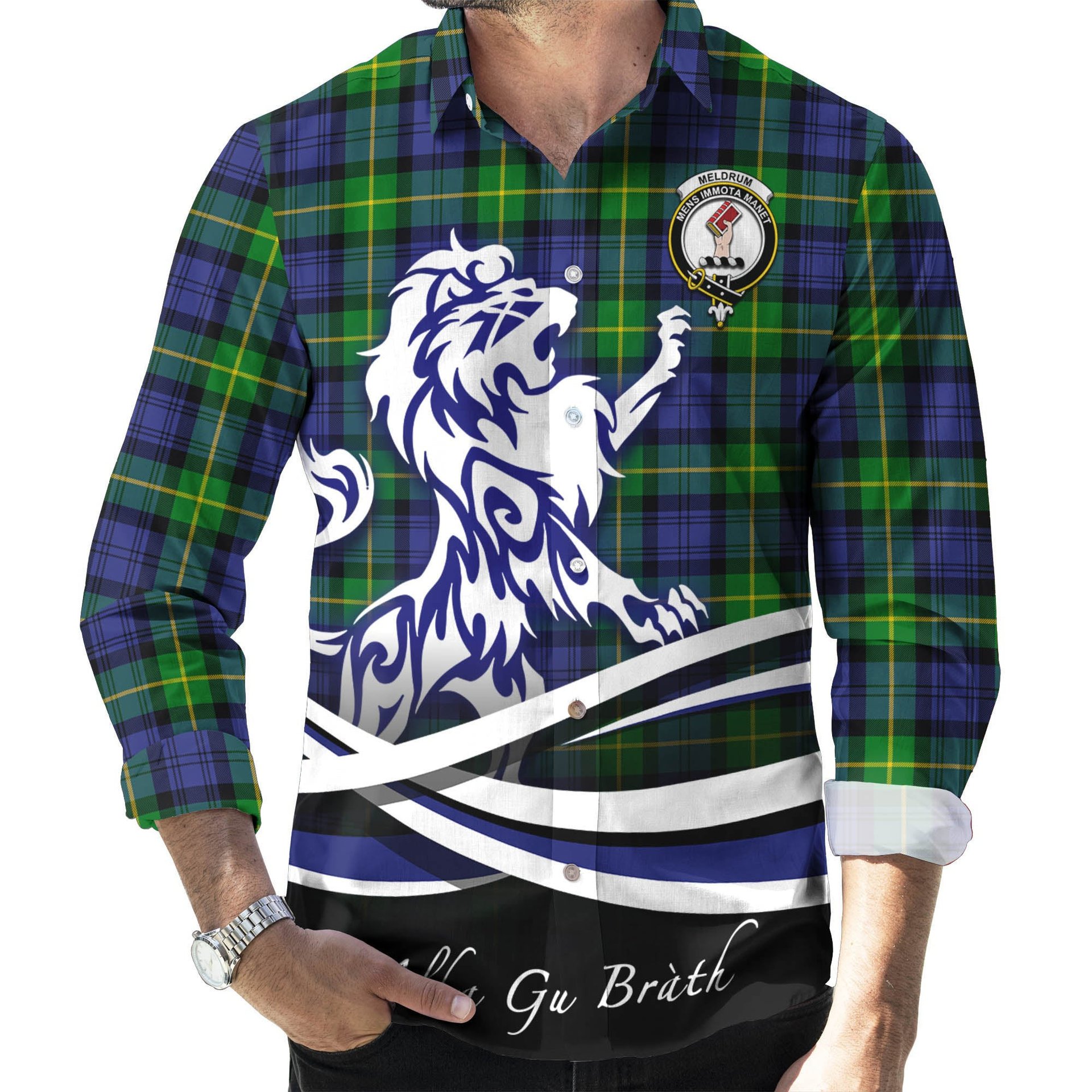 ScotsTee Shop Scottish Meldrum Clan Crest Tartan Alba Gu Brath Regal Lion Emblem Long Sleeve Shirt