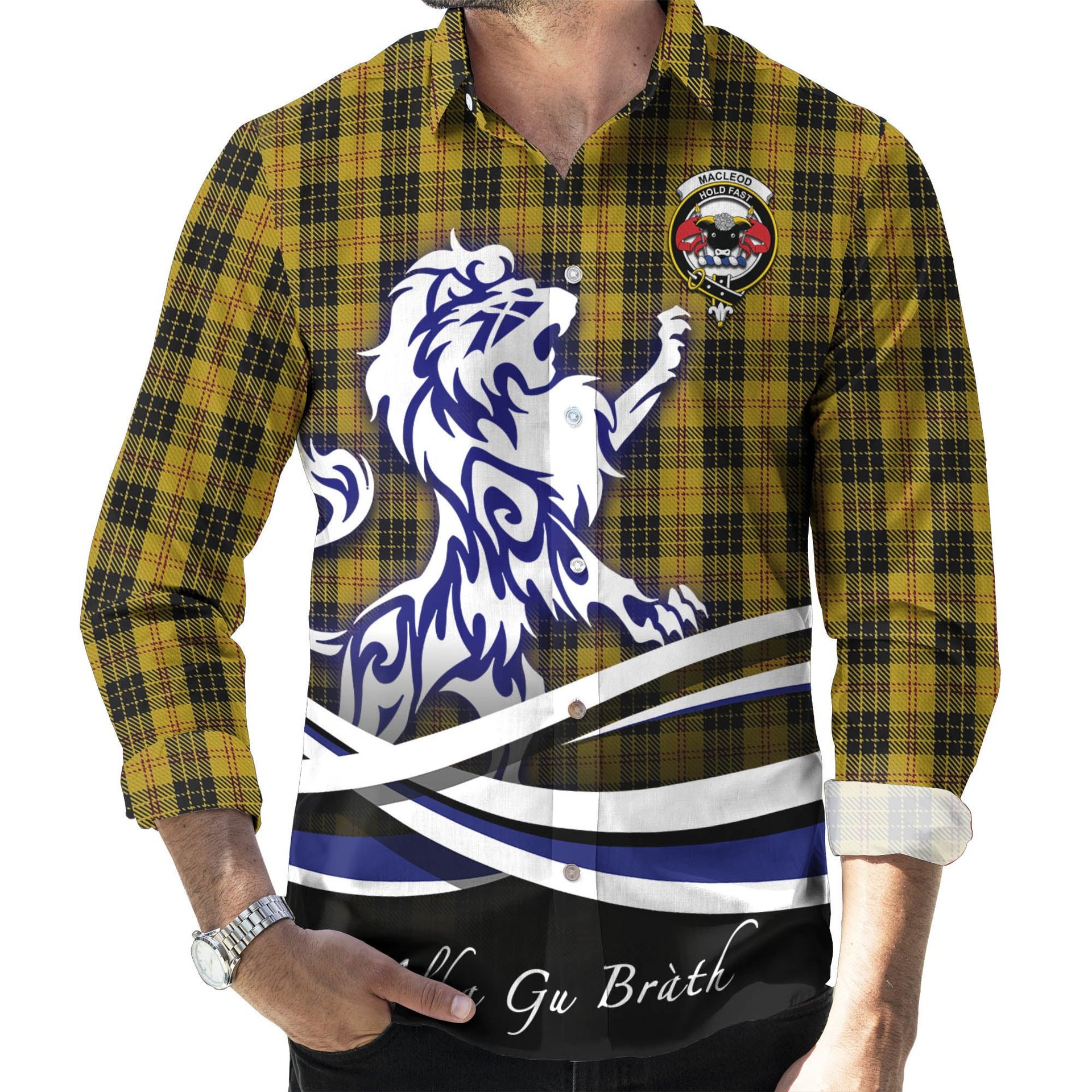 ScotsTee Shop Scottish MacLeod Clan Crest Tartan Alba Gu Brath Regal Lion Emblem Long Sleeve Shirt