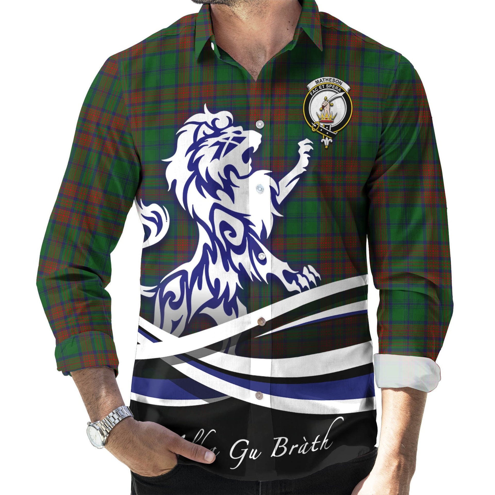 ScotsTee Shop Scottish Matheson Hunting Highland Clan Crest Tartan Alba Gu Brath Regal Lion Emblem Long Sleeve Shirt