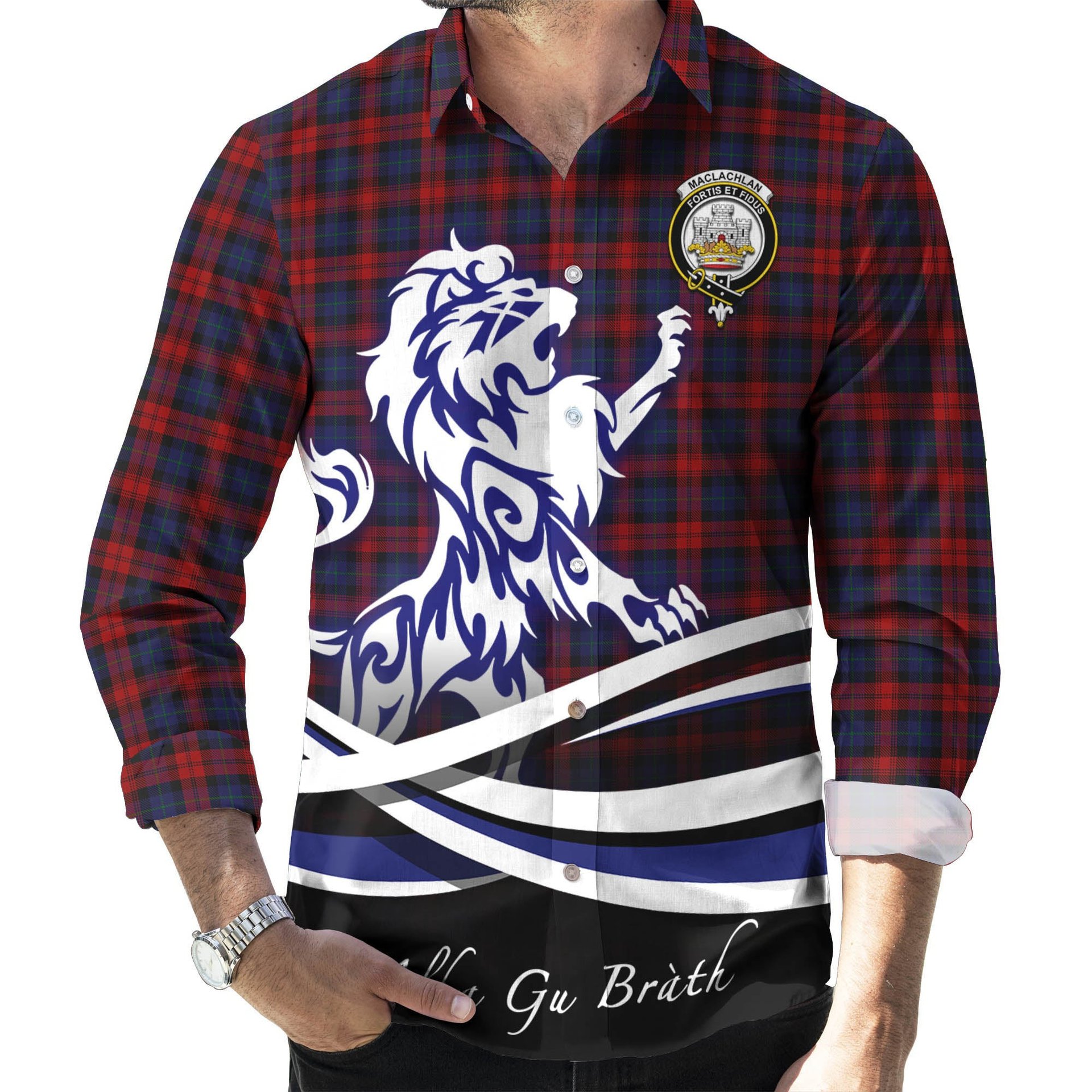 ScotsTee Shop Scottish MacLachlan Clan Crest Tartan Alba Gu Brath Regal Lion Emblem Long Sleeve Shirt