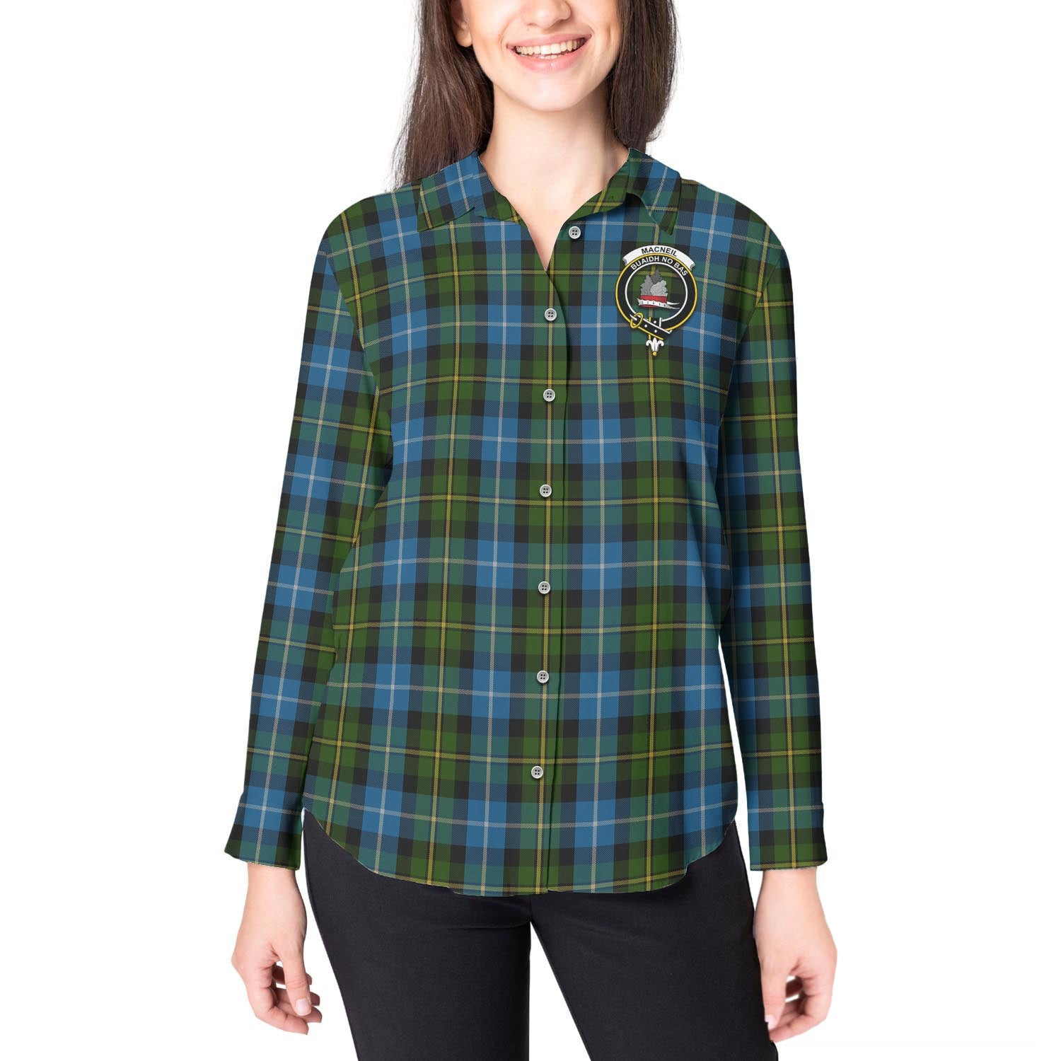 ScotsTee Shop Scottish MacNeil of Barra Clan Crest Tartan Womens Long Sleeve Shirt