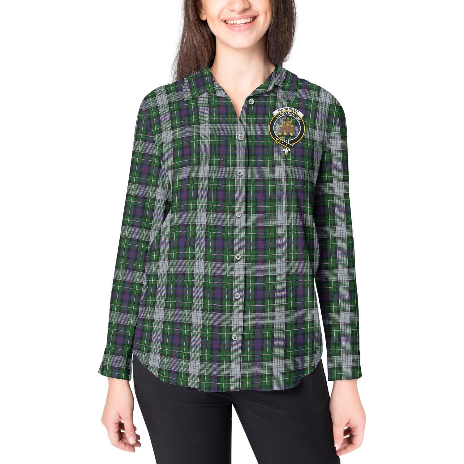 ScotsTee Shop Scottish MacKenzie Dress Clan Crest Tartan Womens Long Sleeve Shirt