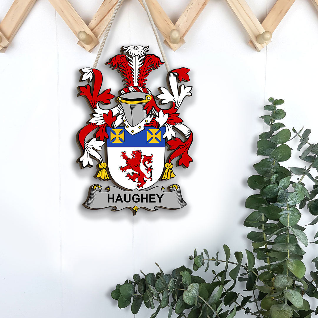 ScotsTee Shop Irish Haugher or O Haffey Coat of Arms Crest Ireland Wooden Hanging Wall Art Sign