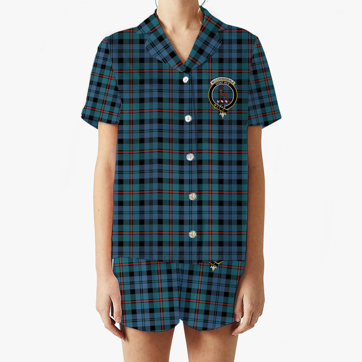 ScotsTee Shop Scottish McCorquodale Ancient Crest Women's Short Sleeve Short Set Tartan Pyjama Set