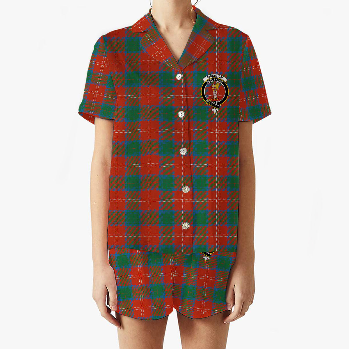 ScotsTee Shop Scottish Chisholm Ancient Crest Women's Short Sleeve Short Set Tartan Pyjama Set
