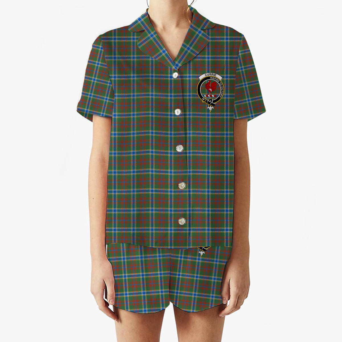 ScotsTee Shop Scottish Currie of Arran Modern Clan Crest Women's Short Sleeve Short Set Tartan Pyjama Set