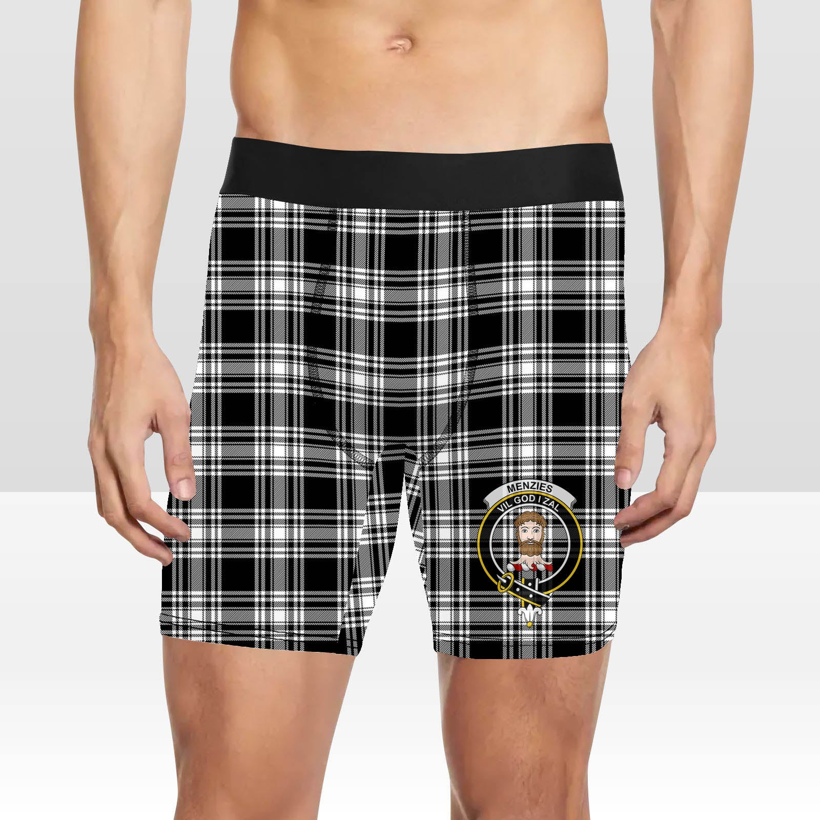 ScotsTee Shop Scottish Menzies Black & White Modern Crest Tartan Boxer Shorts