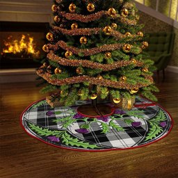 ScotsTee Shop Scottish Erskine Black & White Clan Crest Tartan Christmas Tree Skirt Scottish Thistle Design