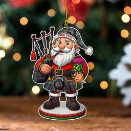 ScotsTee Shop Scottish Abercrombie Weathered Clan Crest Tartan Wood Acrylic Ornament Scottish Santa Claus Bagpipe