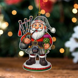 ScotsTee Shop Scottish Brodie Silver (Brodie Muted) Weathered Clan Crest Tartan Wood Acrylic Ornament Scottish Santa Claus Bagpipe