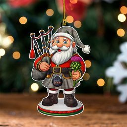 ScotsTee Shop Scottish Halliday (Holliday) Weathered Clan Crest Tartan Wood Acrylic Ornament Scottish Santa Claus Bagpipe
