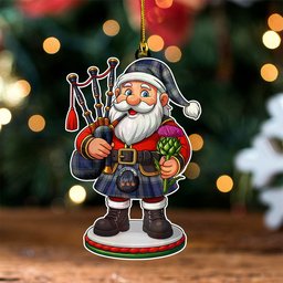 ScotsTee Shop Scottish Kinnaird Modern Clan Crest Tartan Wood Acrylic Ornament Scottish Santa Claus Bagpipe