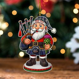ScotsTee Shop Scottish Kinnaird Modern Clan Crest Tartan Wood Acrylic Ornament Scottish Santa Claus Bagpipe