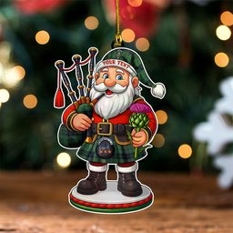 ScotsTee Shop Scottish Innes (Georgina) Clan Crest Tartan Wood Acrylic Ornament Scottish Santa Claus Bagpipe
