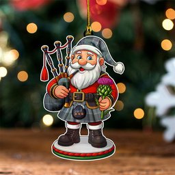 ScotsTee Shop Scottish Thorburn (Thurburn) Weathered Clan Crest Tartan Wood Acrylic Ornament Scottish Santa Claus Bagpipe