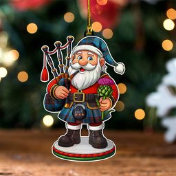 ScotsTee Shop Scottish Wedderburn Clan Crest Tartan Wood Acrylic Ornament Scottish Santa Claus Bagpipe