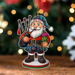 ScotsTee Shop Scottish Wedderburn Clan Crest Tartan Wood Acrylic Ornament Scottish Santa Claus Bagpipe