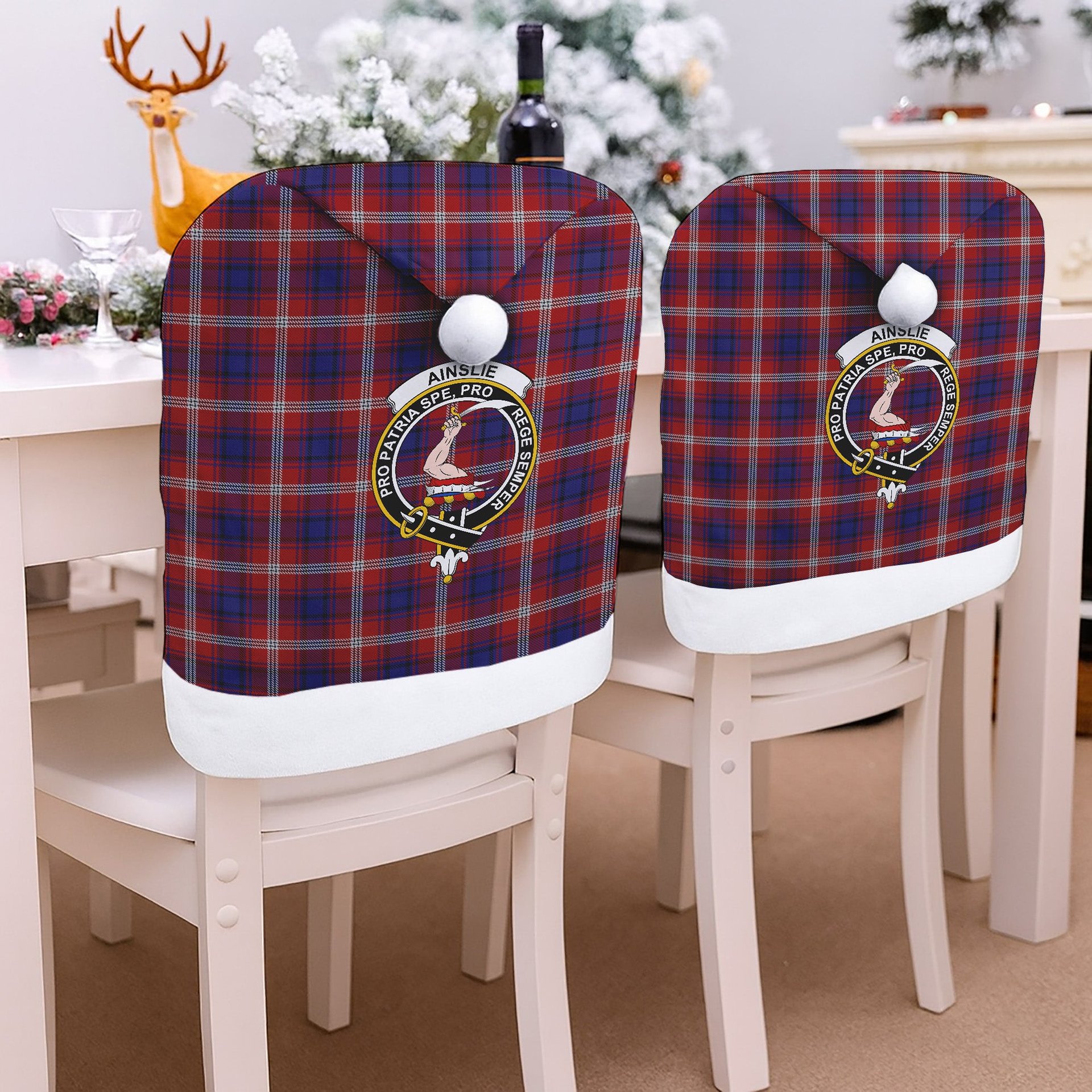 ScotsTee Shop Scottish Ainslie Crest Tartan Santa Hat Christmas Chair Covers Decoration Table Dinner