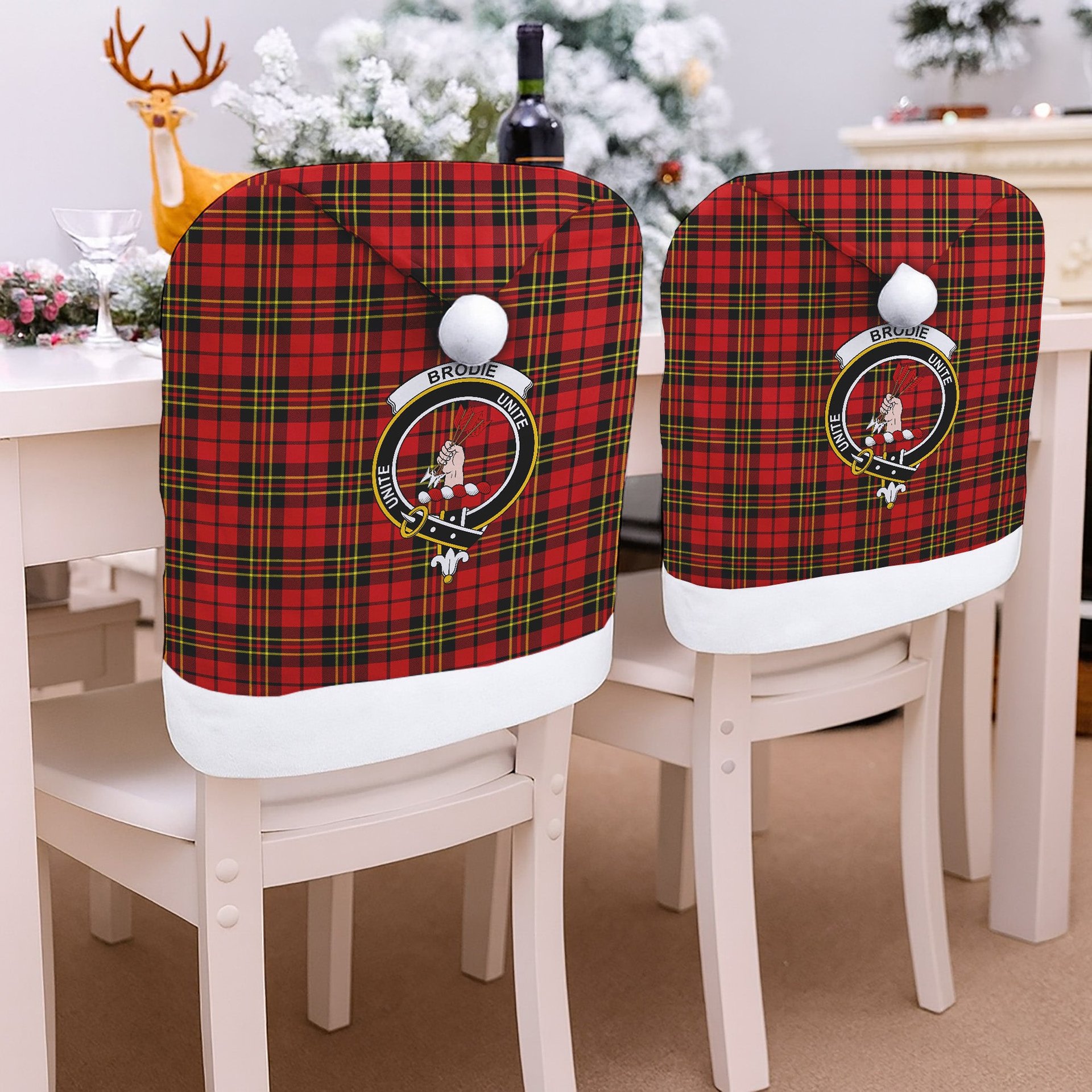 ScotsTee Shop Scottish Brodie Red Modern Crest Tartan Santa Hat Christmas Chair Covers Decoration Table Dinner