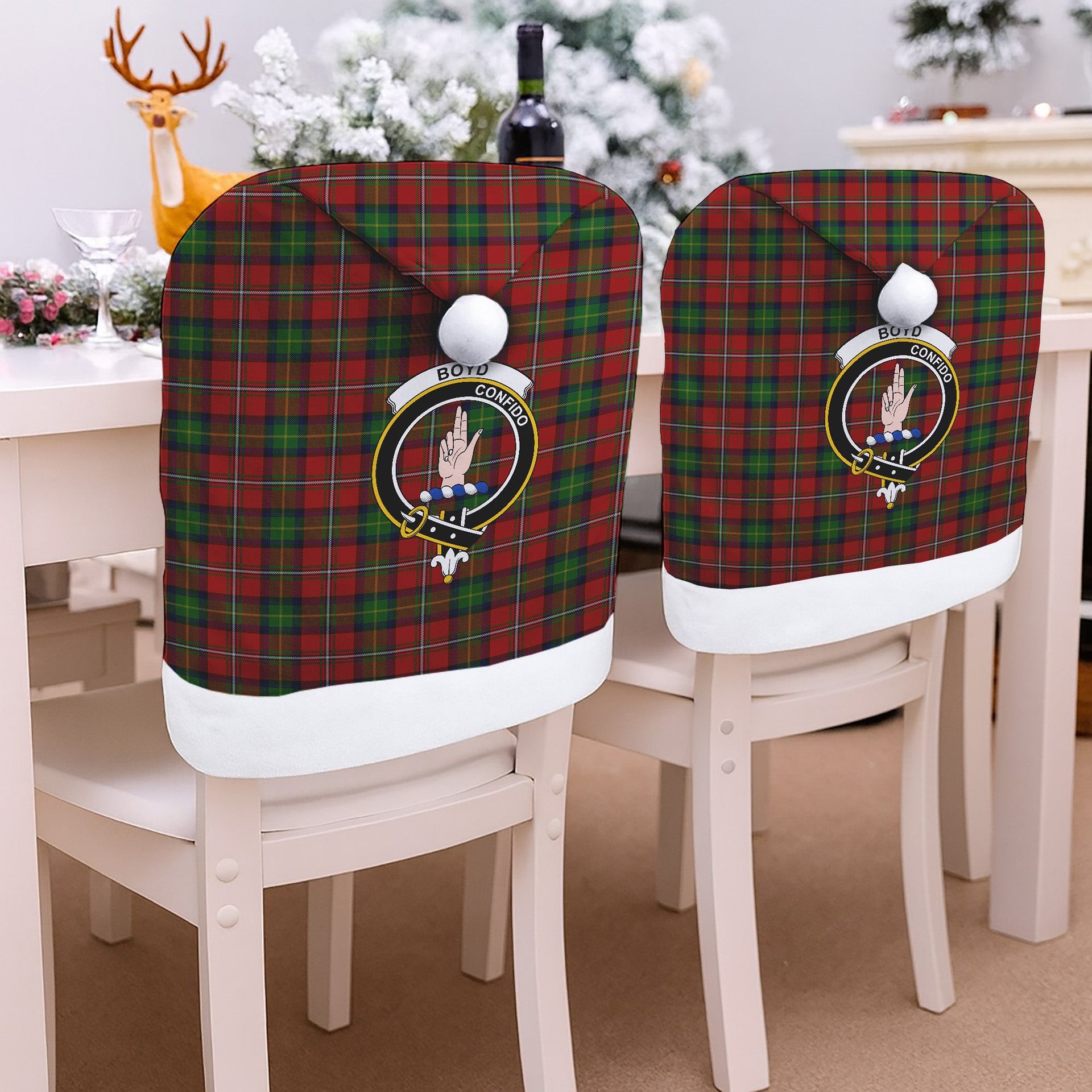 ScotsTee Shop Scottish Boyd Crest Tartan Santa Hat Christmas Chair Covers Decoration Table Dinner