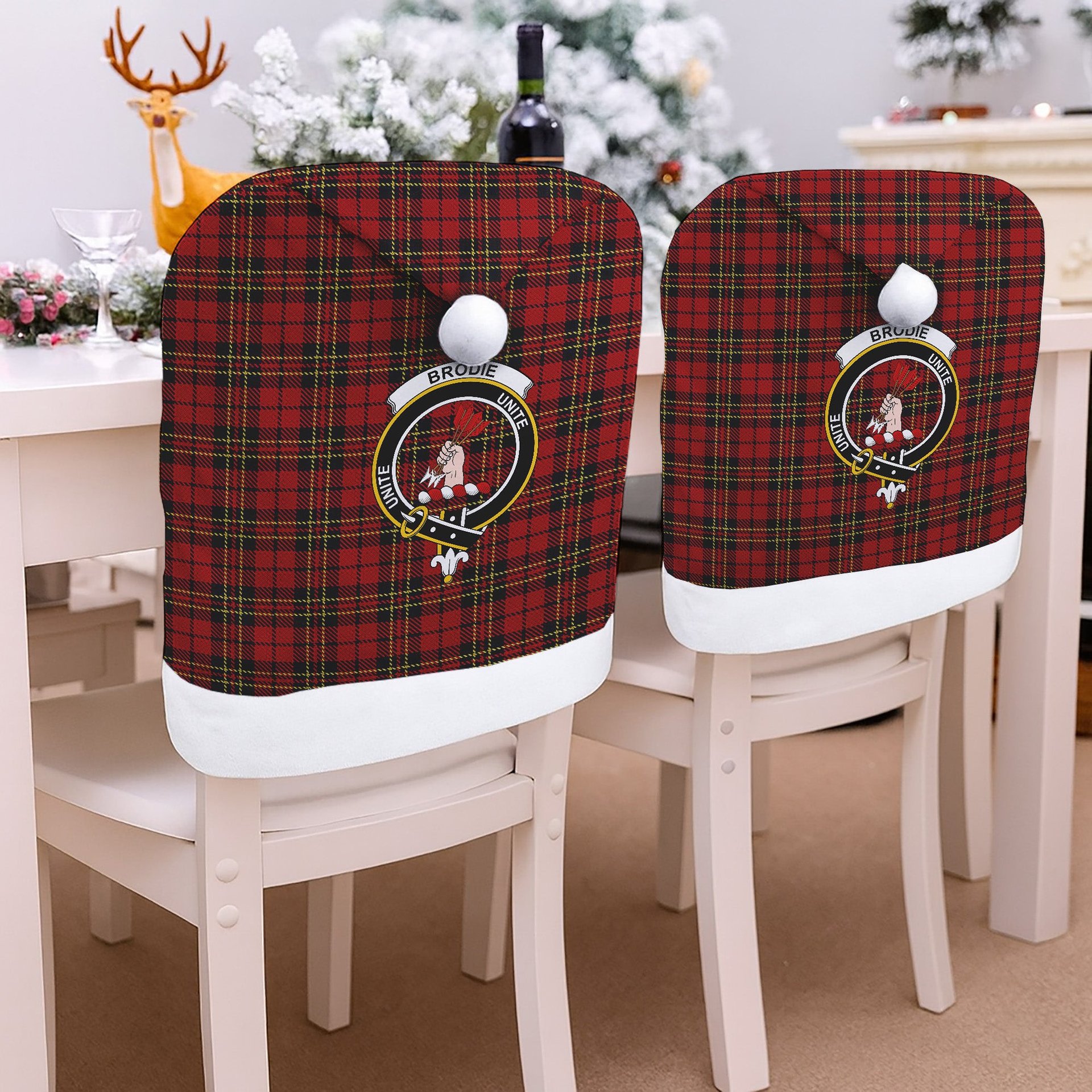 ScotsTee Shop Scottish Brodie Crest Tartan Santa Hat Christmas Chair Covers Decoration Table Dinner