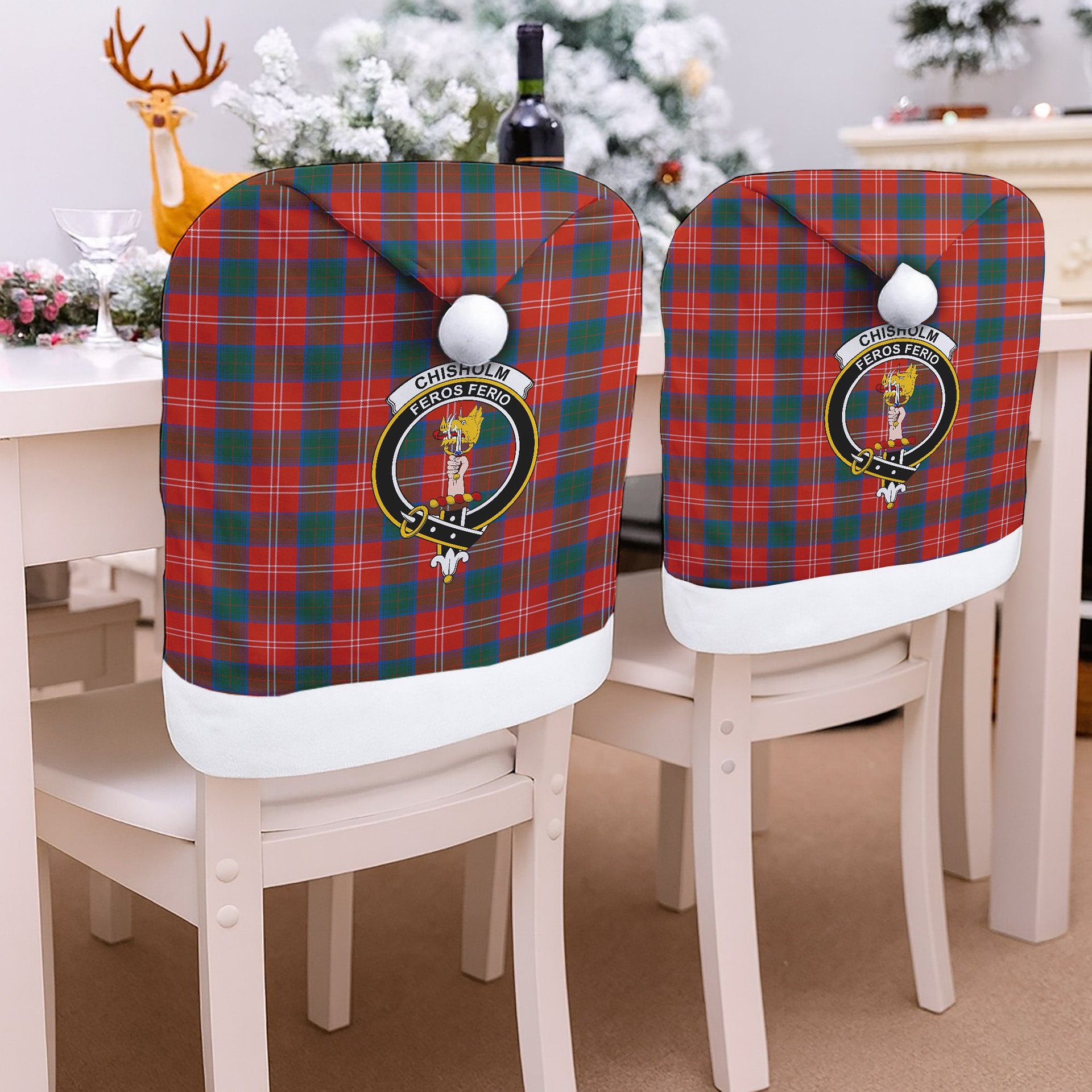 ScotsTee Shop Scottish Chisholm SC Crest Tartan Santa Hat Christmas Chair Covers Decoration Table Dinner