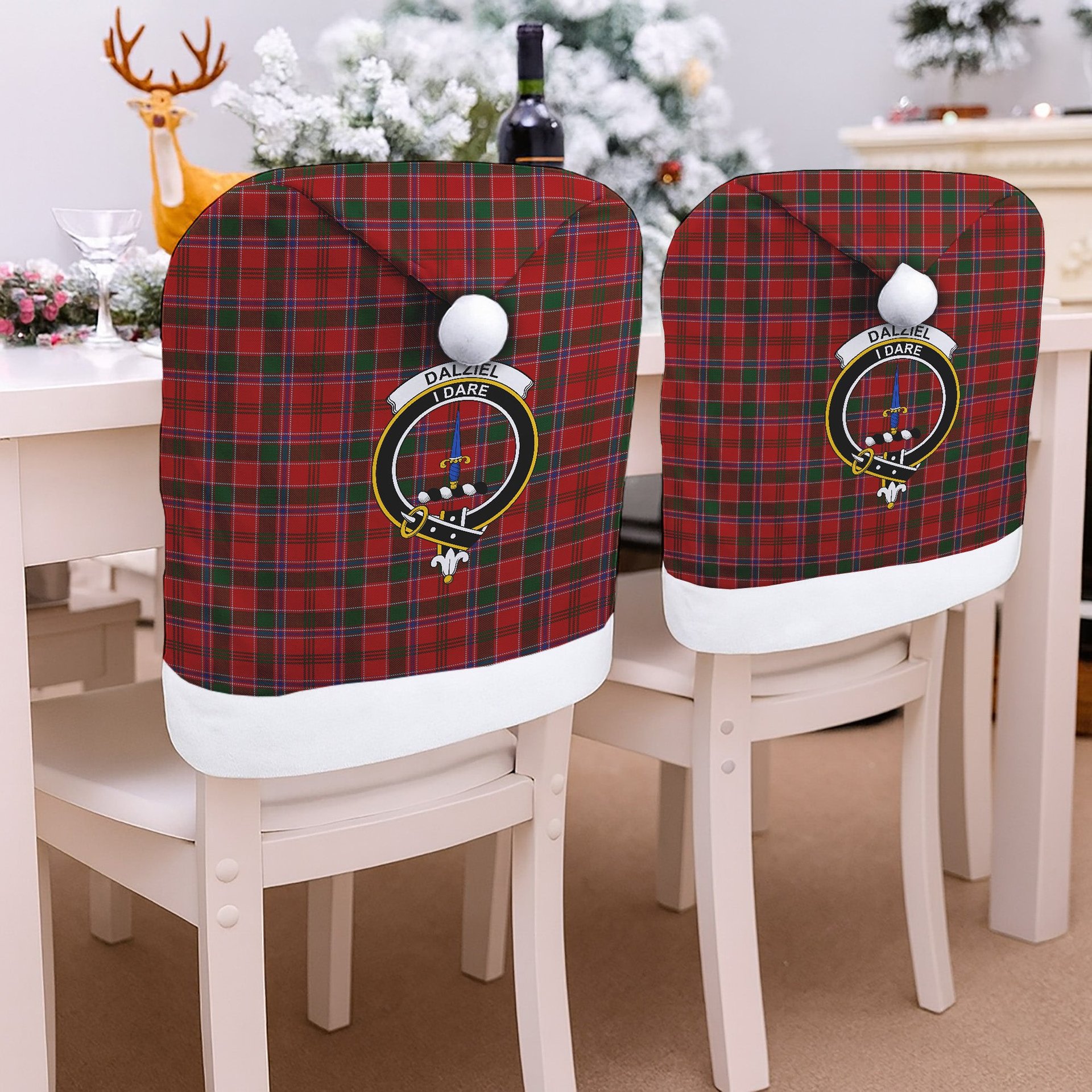 ScotsTee Shop Scottish Dalziel Crest Tartan Santa Hat Christmas Chair Covers Decoration Table Dinner