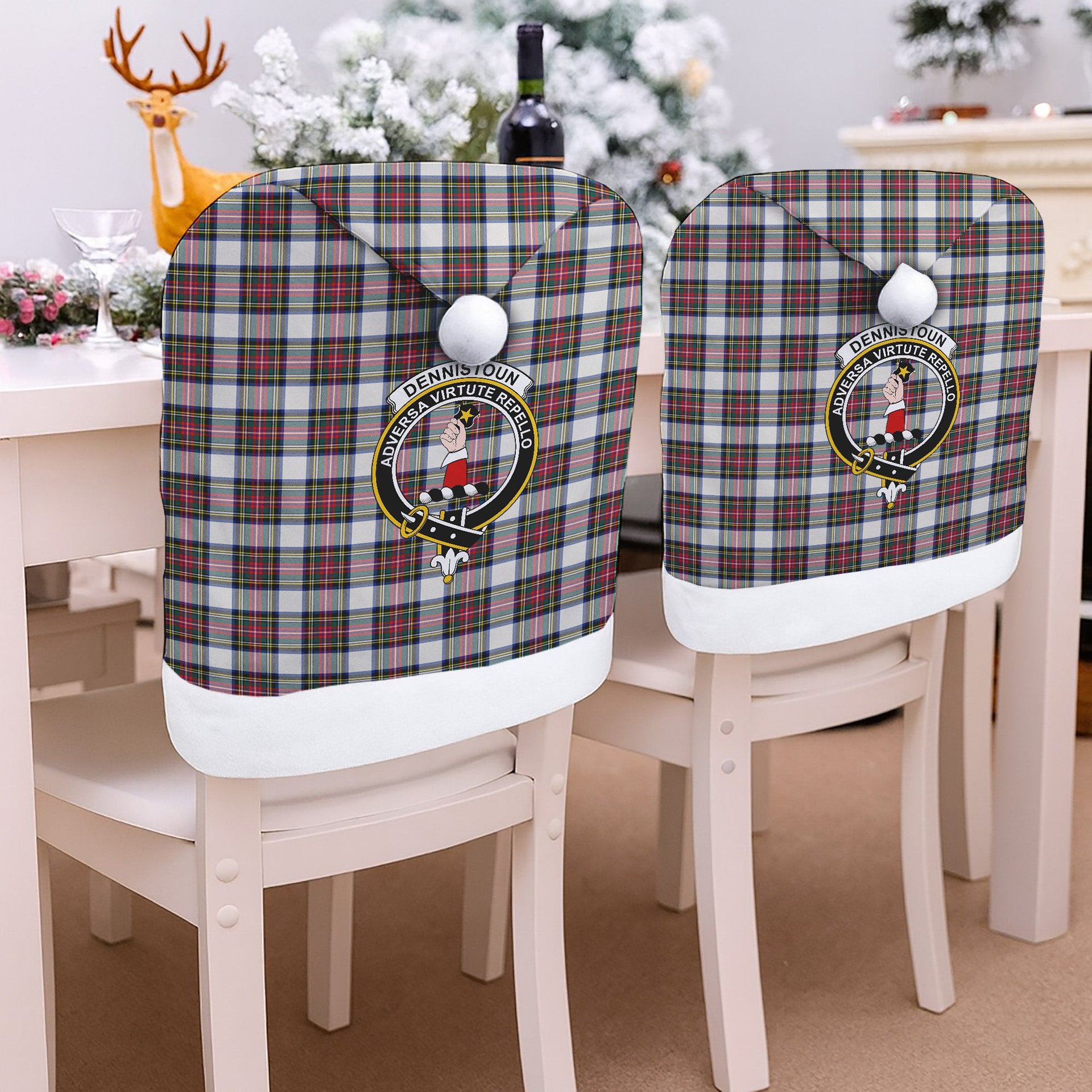 ScotsTee Shop Scottish Dennistoun Crest Tartan Santa Hat Christmas Chair Covers Decoration Table Dinner