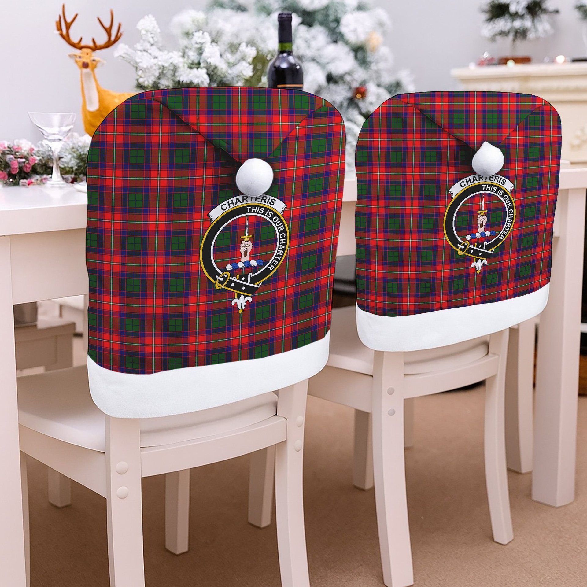 ScotsTee Shop Scottish Charteris Crest Tartan Santa Hat Christmas Chair Covers Decoration Table Dinner